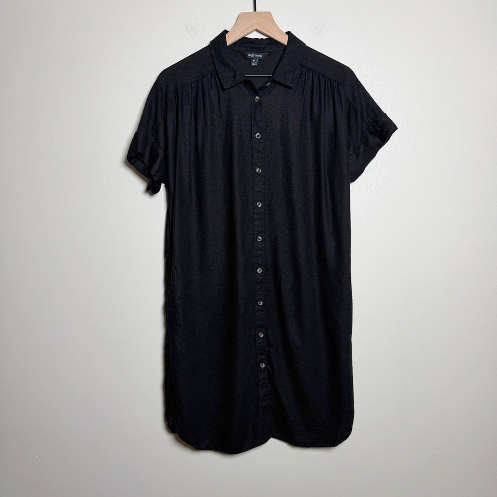 Well Worn Women Linen Blend Shirt Dress M Black Button Pockets Minimalist Casual